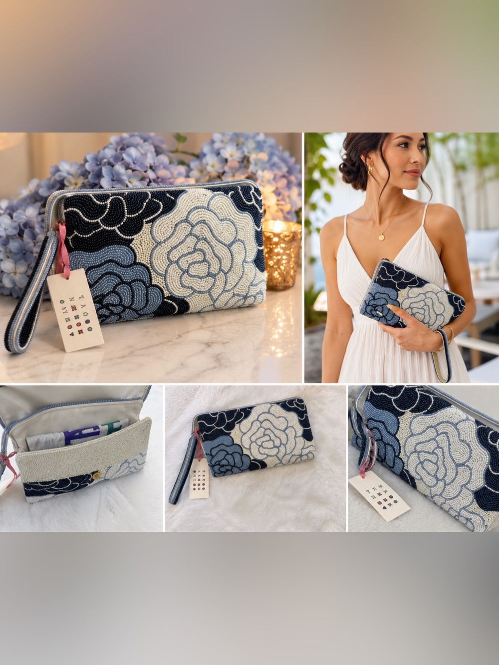 Tiana New York Beaded Floral Clutch Blue White Hand Beaded Wristlet NWT